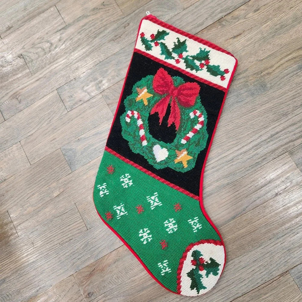 VTG Handmade Wool Needlepoint Holly‎ Wreath Candy Cane Christmas Velvet Stocking
